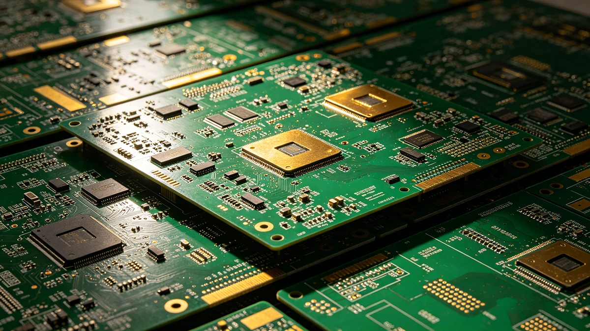 High-quality close-up of a complex multi-layer FR4 printed circuit board manufactured by ApolloPCB, showing fine traces and gold finish