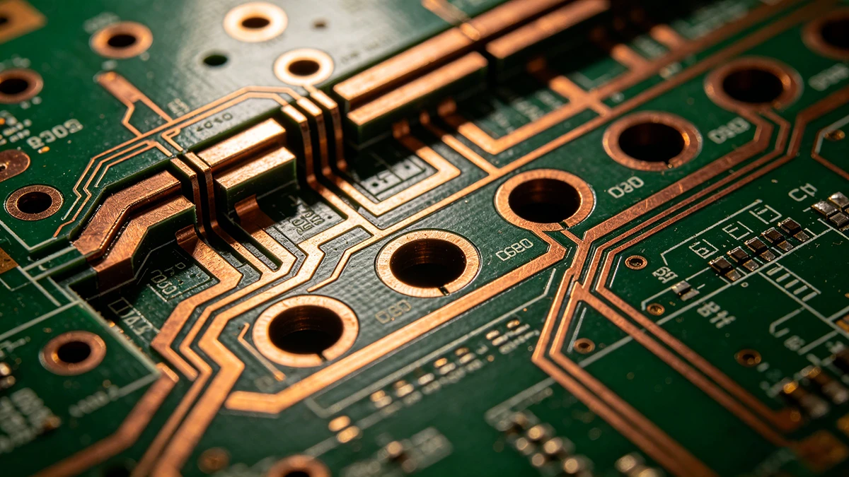 Micro-section of FR4 PCB showing high-precision blind and buried vias for multi-layer interconnects