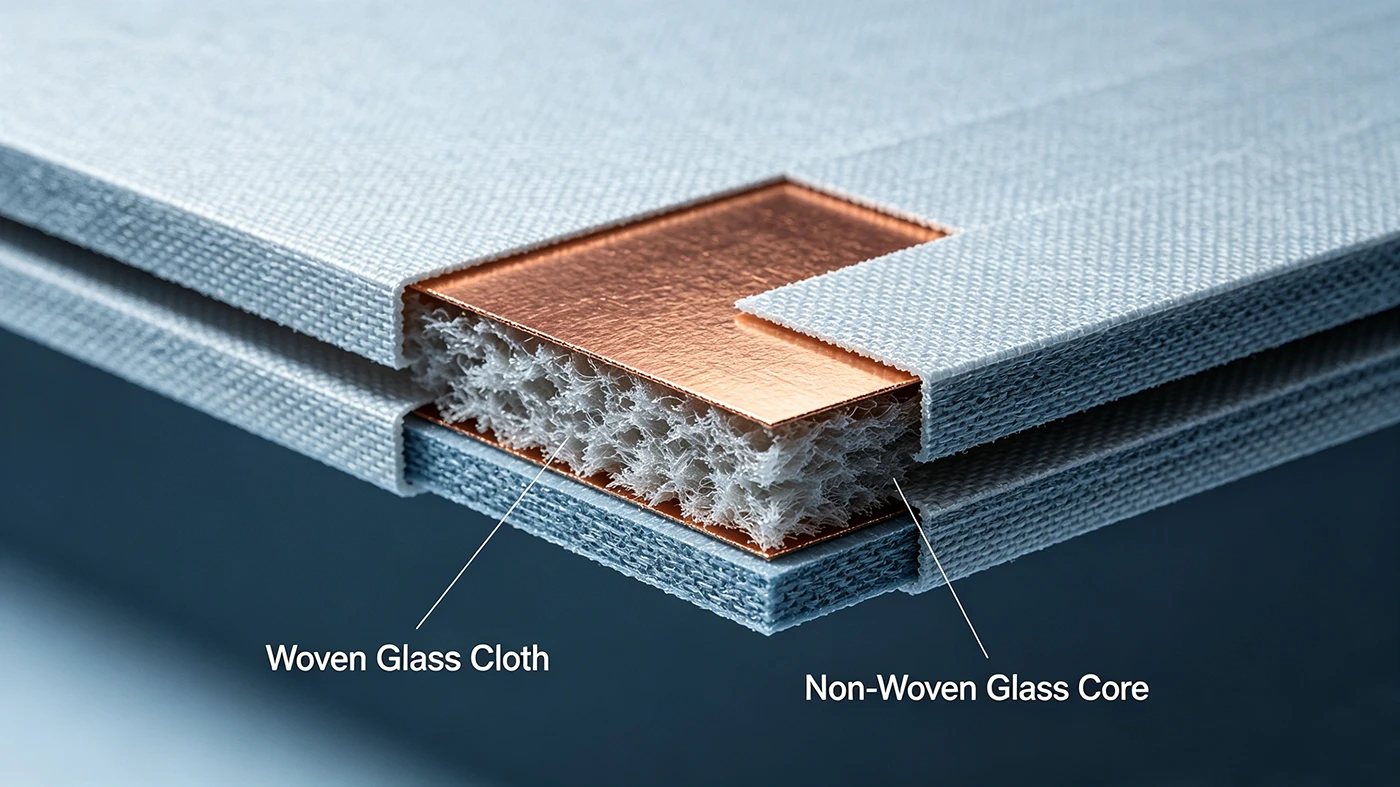 Micro-section view of CEM3 PCB material showing non-woven glass core between woven glass layers