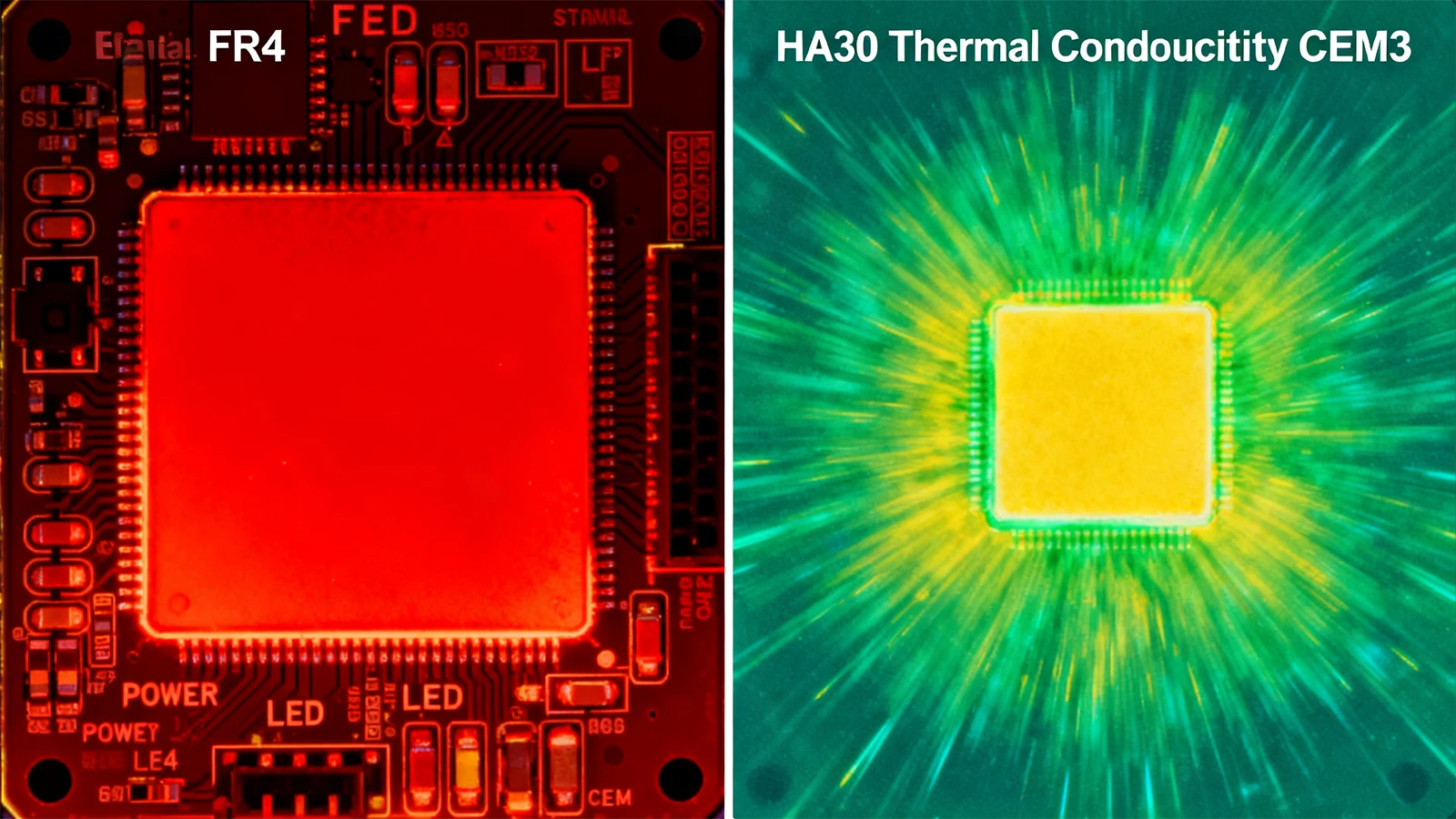 Thermal imaging comparison between standard FR4 and High Thermal Conductivity CEM3 for LED applications Thermal imaging comparison between standard FR4 and High Thermal Conductivity CEM3 for LED applications