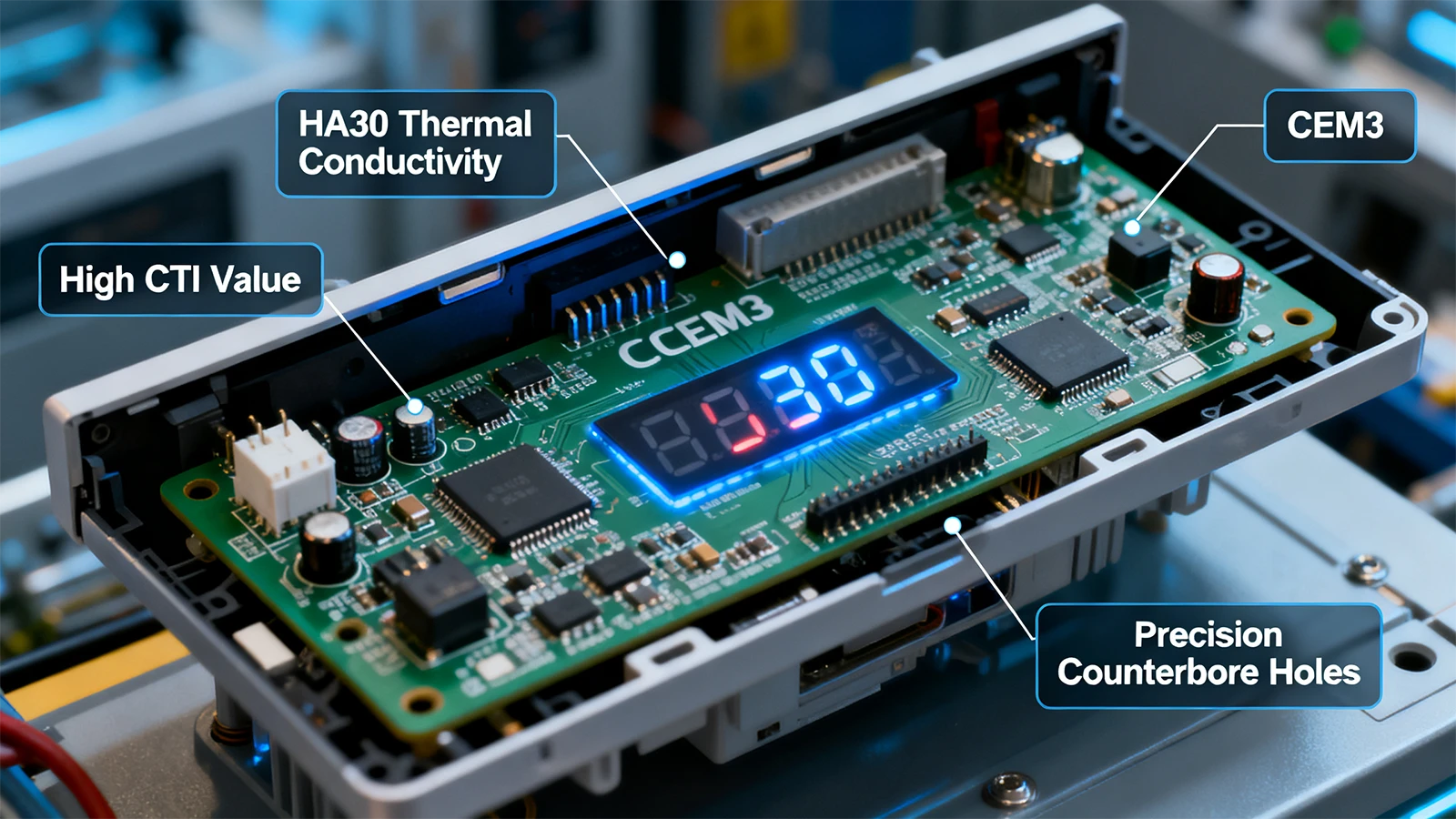 Tailored ApolloPCB CEM3 solution used in a complex appliance control panel, featuring high thermal conductivity and mechanical precision Tailored ApolloPCB CEM3 solution used in a complex appliance control panel, featuring high thermal conductivity and mechanical precision