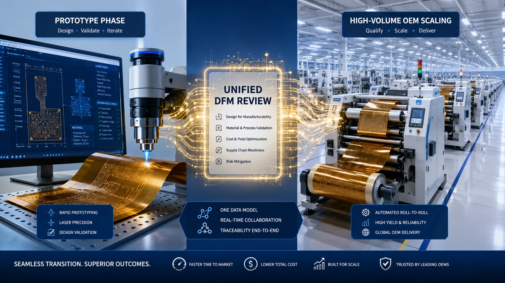 Infographic showing the seamless transition from custom FPC prototyping to high-volume OEM production at ApolloPCB