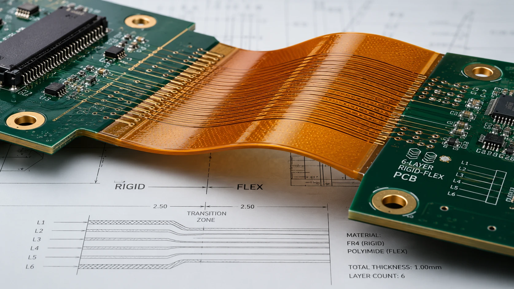 Advanced 6-layer rigid-flex PCB structure showcasing the transition between FR4 rigid layers and adhesiveless polyimide flex core Advanced 6-layer rigid-flex PCB structure showcasing the transition between FR4 rigid layers and adhesiveless polyimide flex core