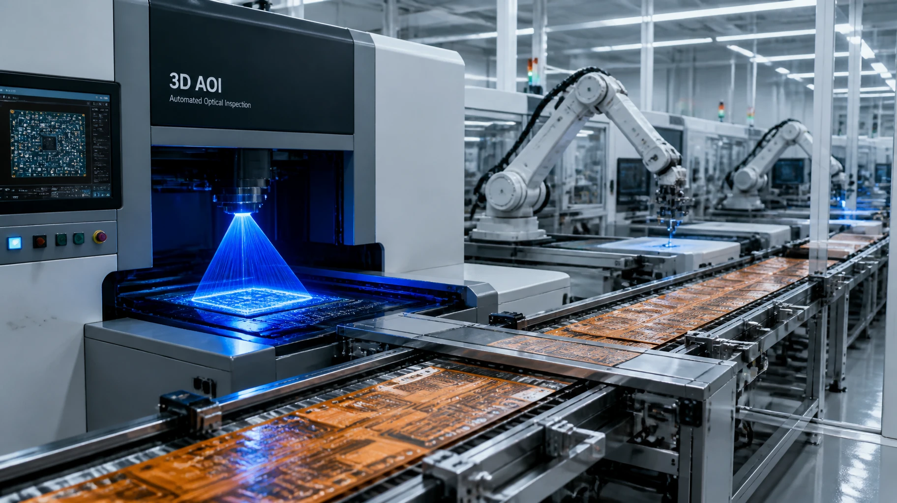 Automated SMT component assembly and 3D AOI laser inspection for high-volume flexible printed circuit boards at ApolloPCB factory Automated SMT component assembly and 3D AOI laser inspection for high-volume flexible printed circuit boards at ApolloPCB factory