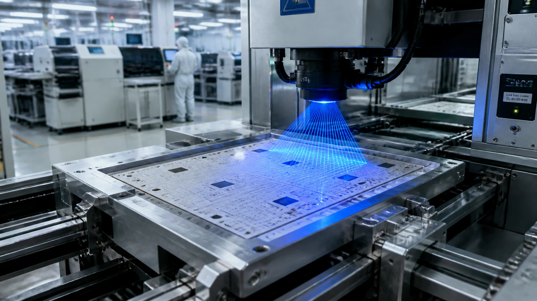 Automated SMT assembly line processing fragile ceramic PCBs using custom-machined carrier fixtures at ApolloPCB facility Automated SMT assembly line processing fragile ceramic PCBs using custom-machined carrier fixtures at ApolloPCB facility