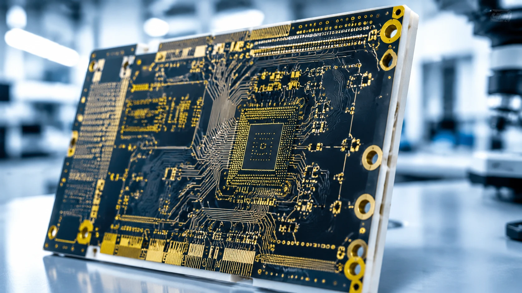 Advanced multi-layer hybrid high-frequency PCB showcasing ultra-fine line traces on low-loss Rogers substrates Advanced multi-layer hybrid high-frequency PCB showcasing ultra-fine line traces on low-loss Rogers substrates
