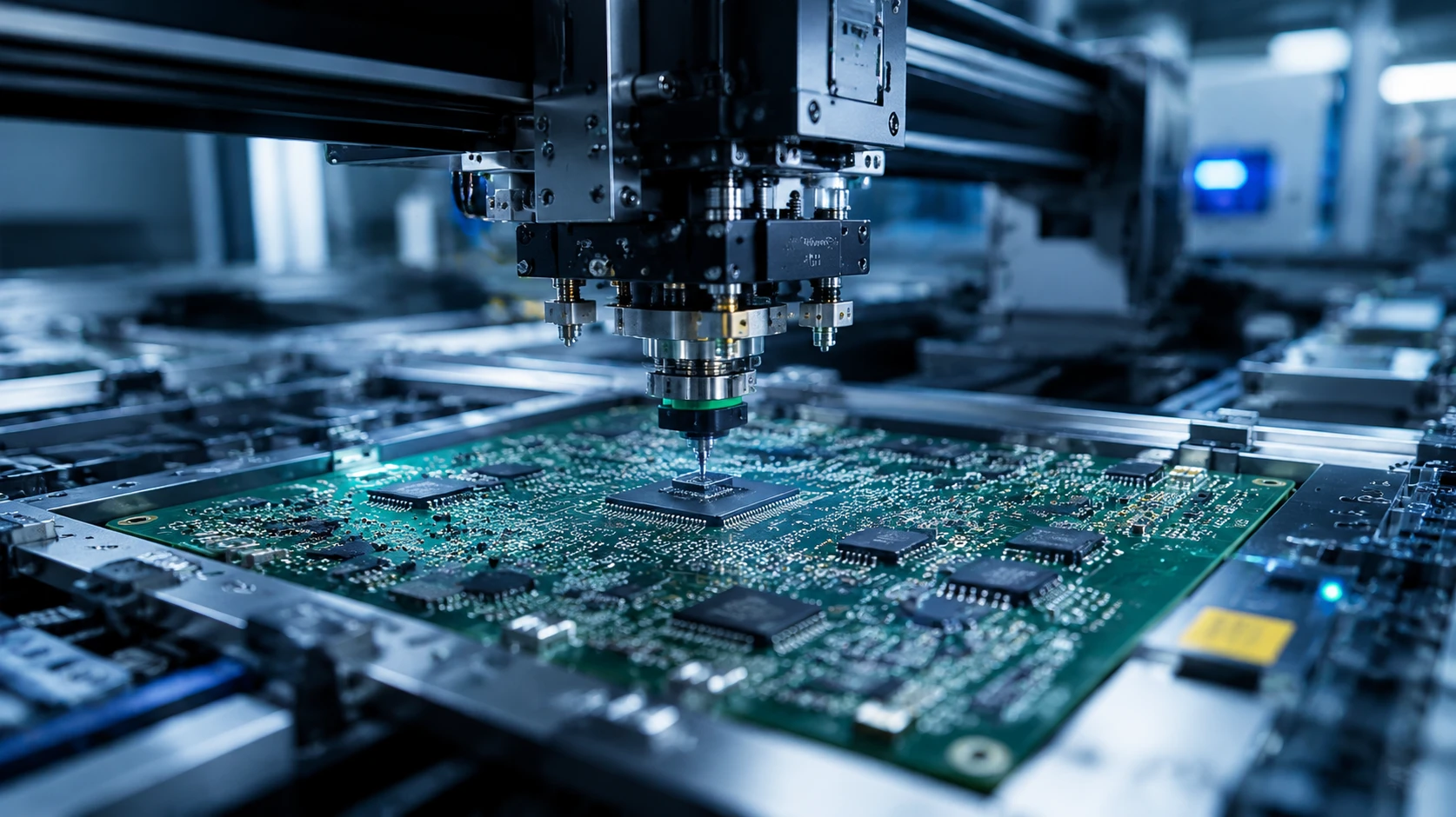 High-speed automated SMT pick-and-place machinery assembling high-density components on a printed circuit board at the factory High-speed automated SMT pick-and-place machinery assembling high-density components on a printed circuit board at the factory