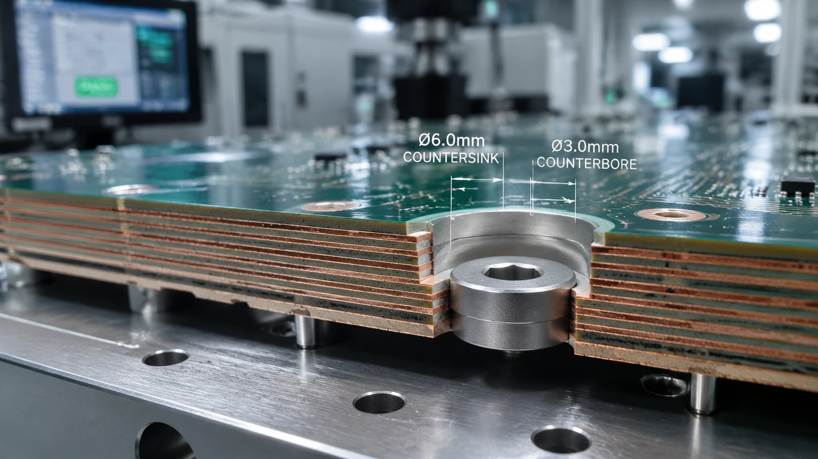 Macro view of a precision 3mm counterbore and countersink mounting hole on a heavy industrial printed circuit board assembly Macro view of a precision 3mm counterbore and countersink mounting hole on a heavy industrial printed circuit board assembly
