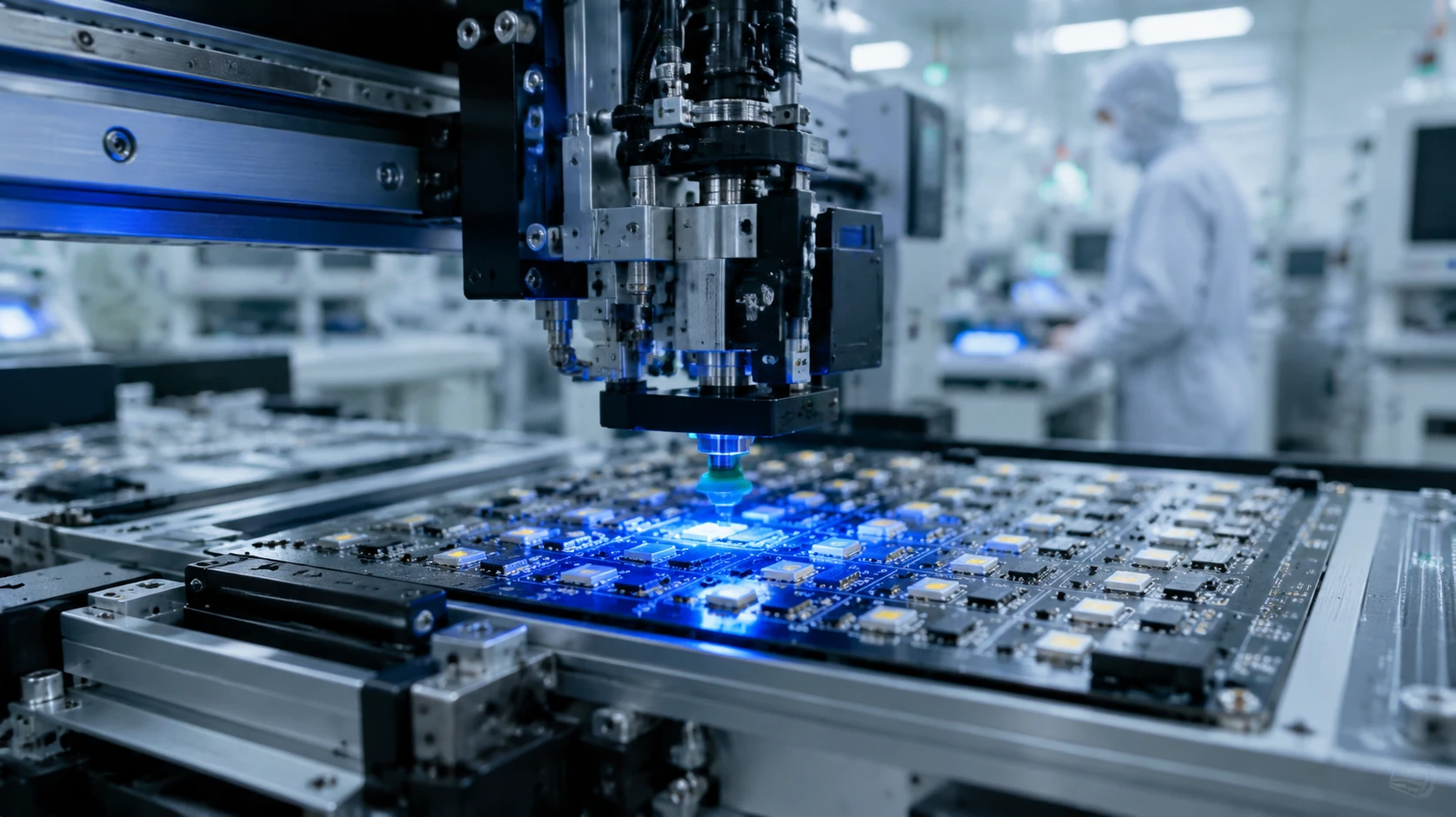High-precision automated SMT pick-and-place machine mounting an SMD LED component onto an OEM production run under electric blue alignment lights