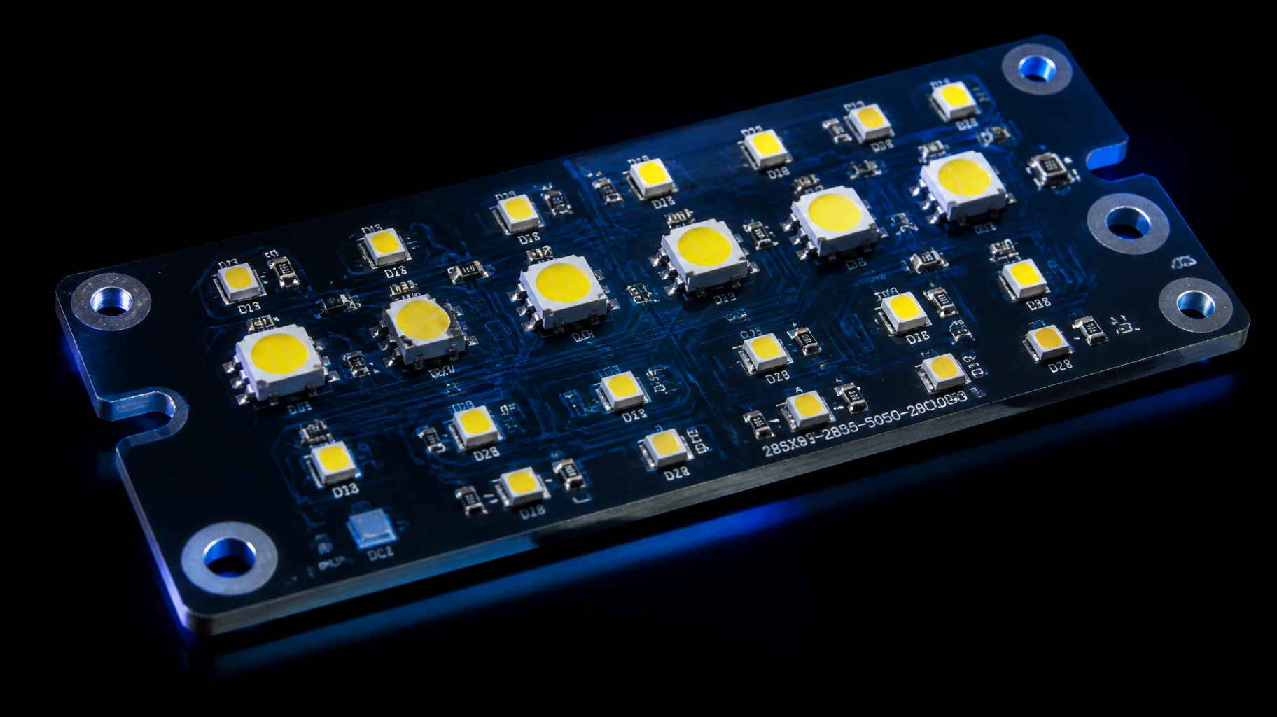 Technical reference matrix showcasing various common SMD LED package sizes aligned on an aluminum core MCPCB substrate