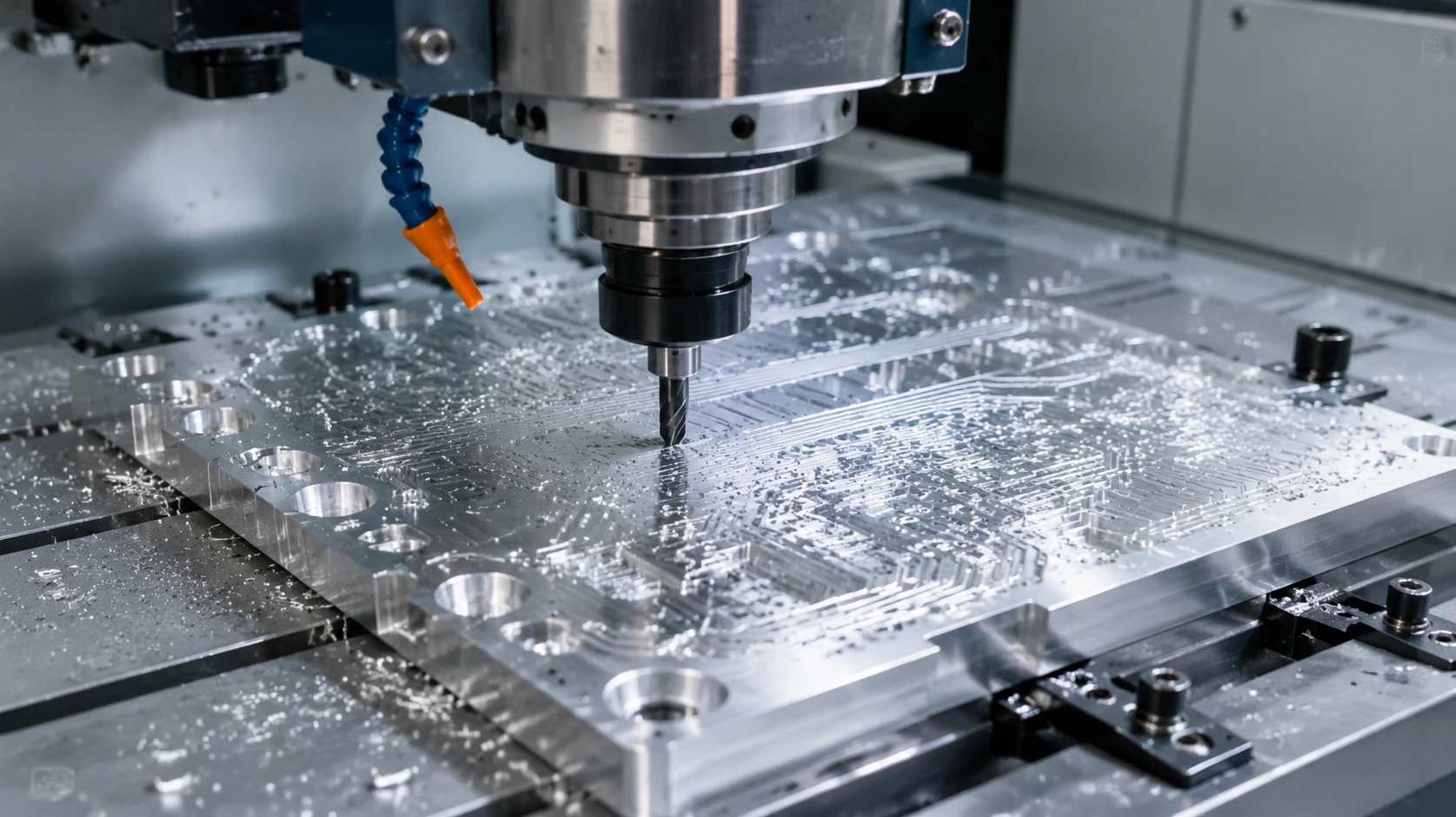 High-torque automated CNC milling machinery executing electrical circuit board custom machining on an aluminum pcb plate