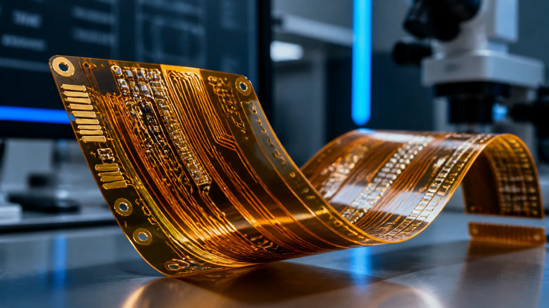 Macro view of a premium multi-layer adhesiveless flexible printed circuit board flexing smoothly to demonstrate high dynamic reliability Macro view of a premium multi-layer adhesiveless flexible printed circuit board flexing smoothly to demonstrate high dynamic reliability