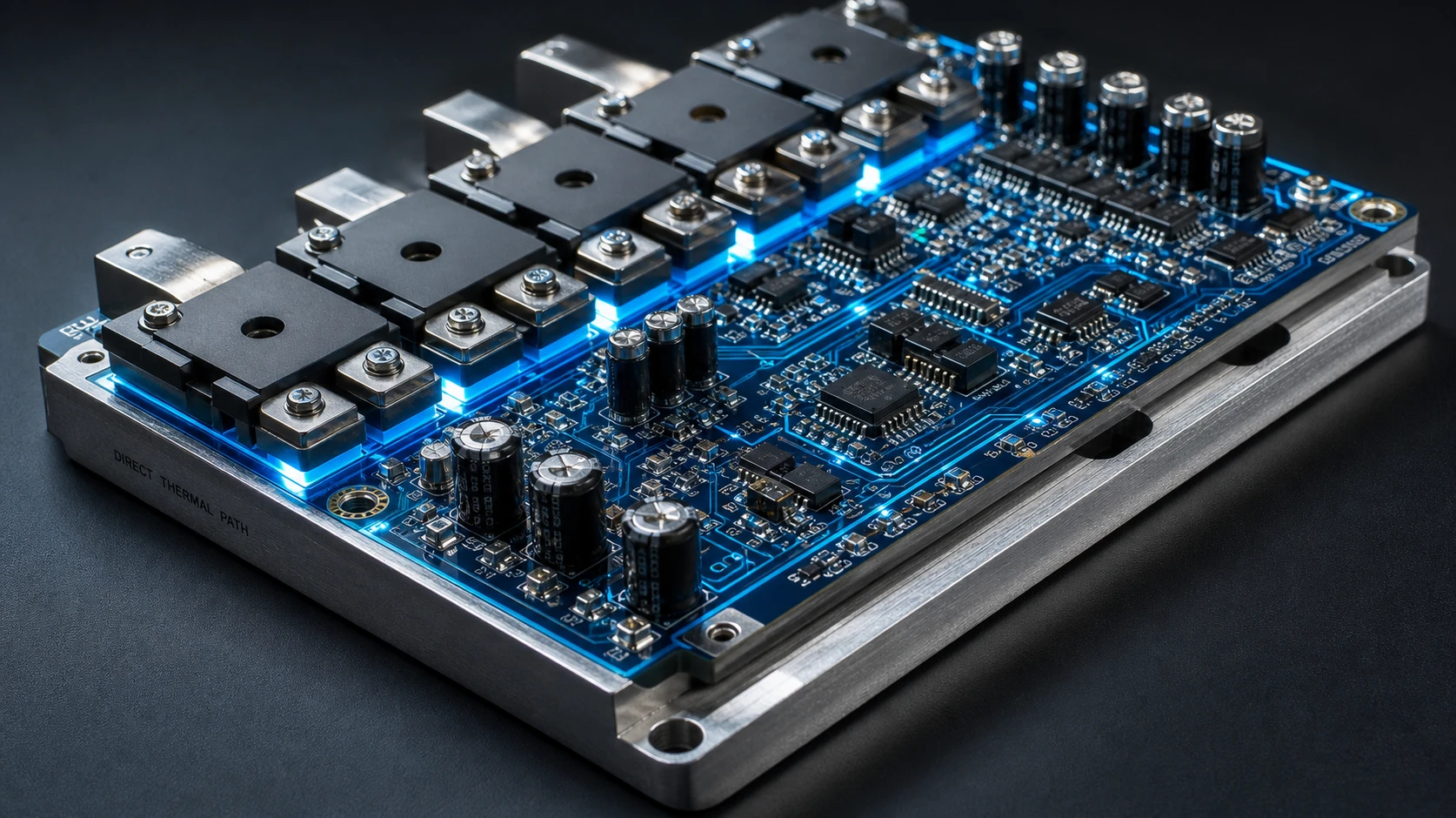 Macro view of a high-power industrial PCB featuring heavy copper traces and advanced thermal substrates, manufactured by a top quality pcb manufacturer Macro view of a high-power industrial PCB featuring heavy copper traces and advanced thermal substrates, manufactured by a top quality pcb manufacturer