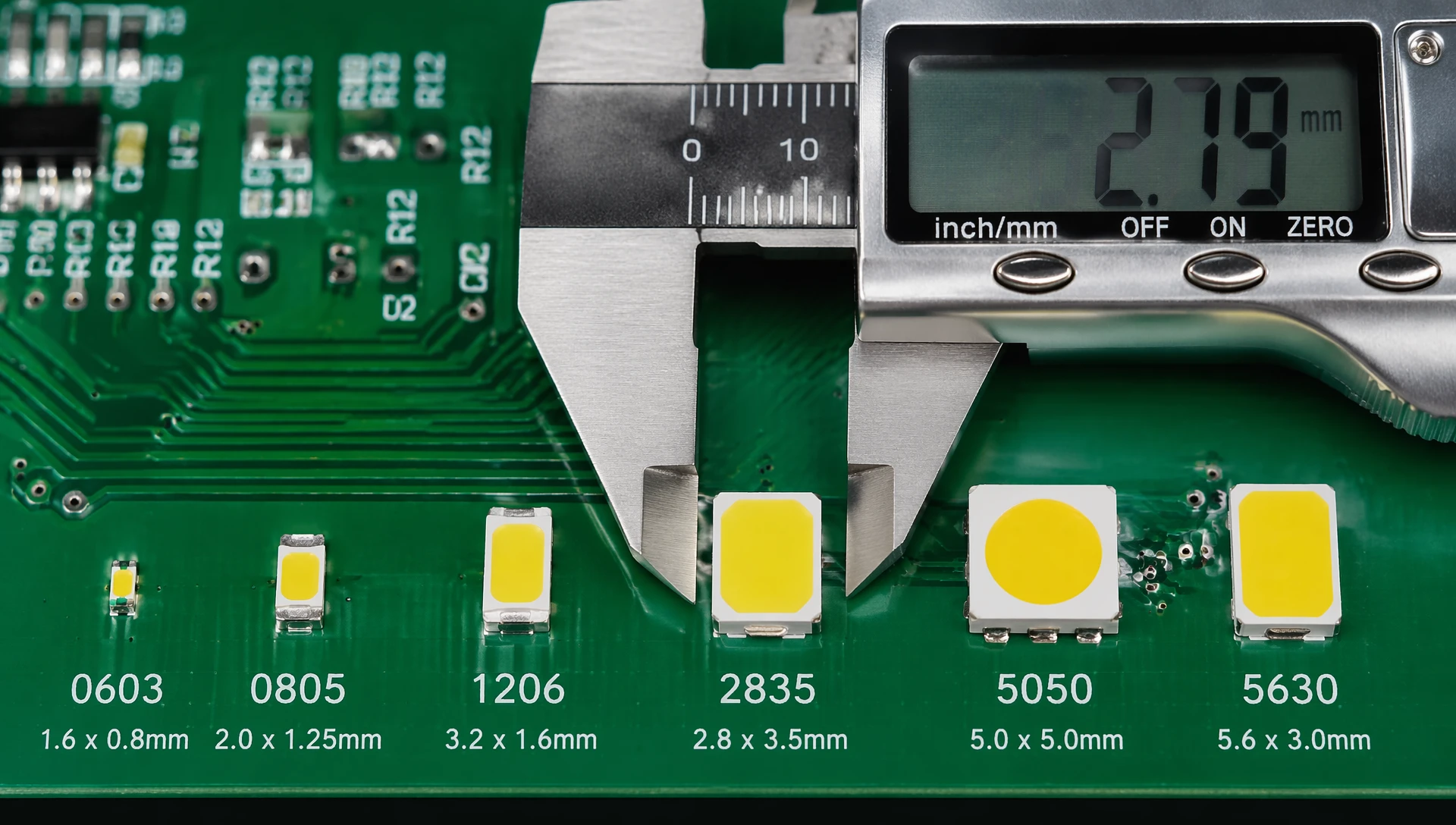 Comparison of common SMD LED sizes on a high density printed circuit board with engineering calipers Comparison of common SMD LED sizes on a high density printed circuit board with engineering calipers
