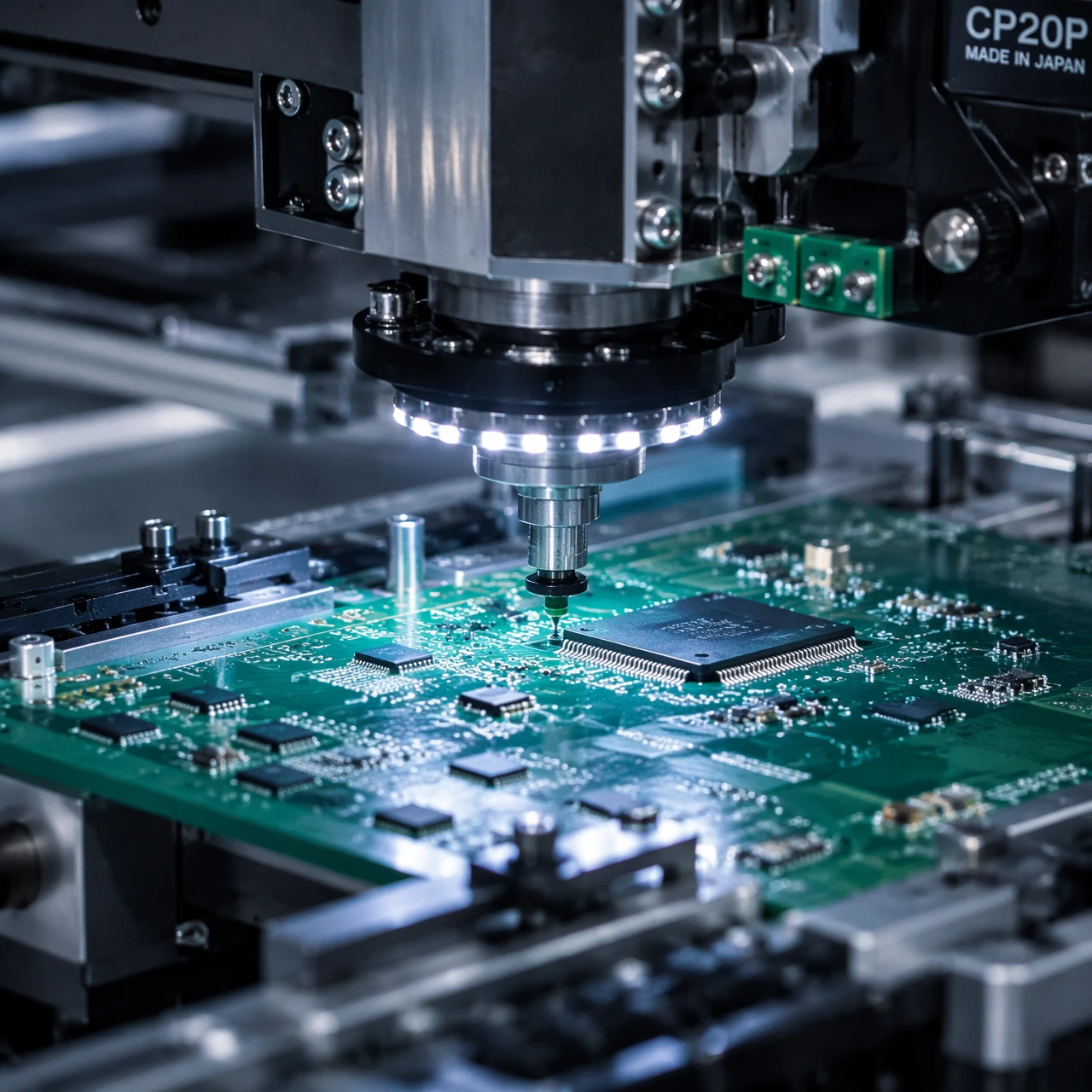 Automated SMT pick and place machine installing high-density SMT components on PCB board