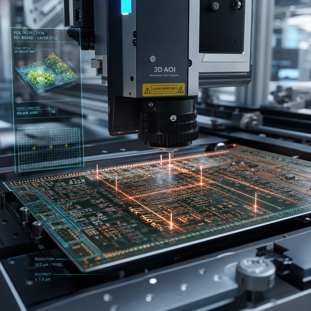 AI powered 3D AOI inspection machine scanning high density HDI printed circuit board in smart factory