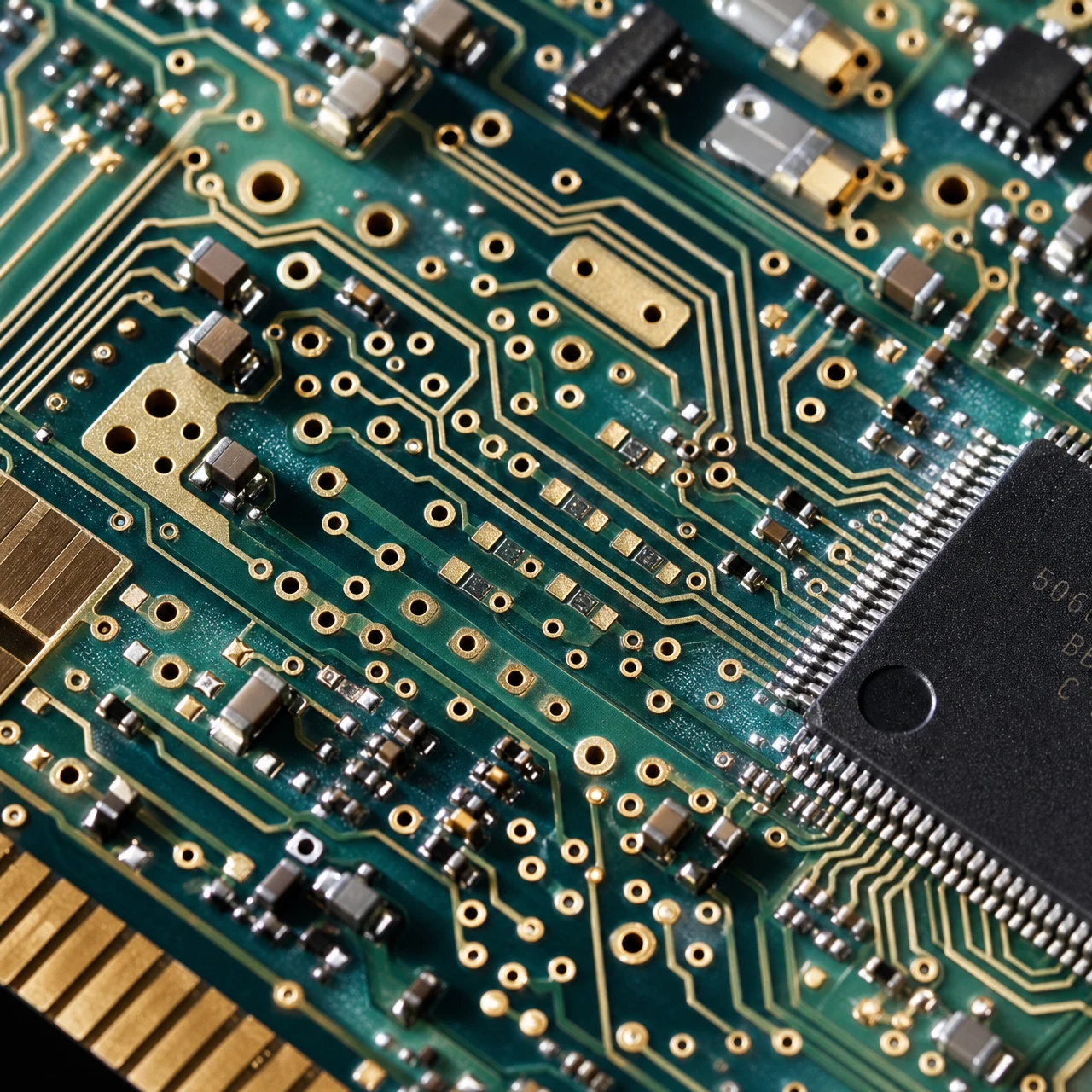 Cross section view of multi layer HDI PCB showing laser drilled microvias and mSAP fine copper traces