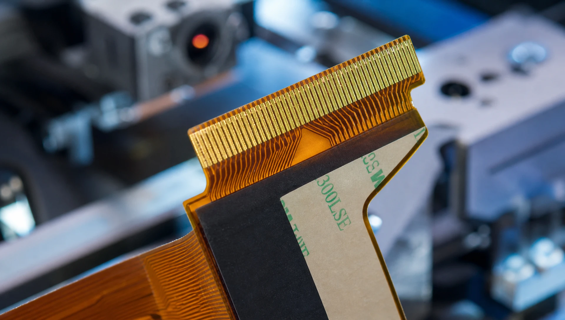 Custom FPC fabrication showing ZIF connector gold fingers with integrated FR-4 stiffener and 3M adhesive