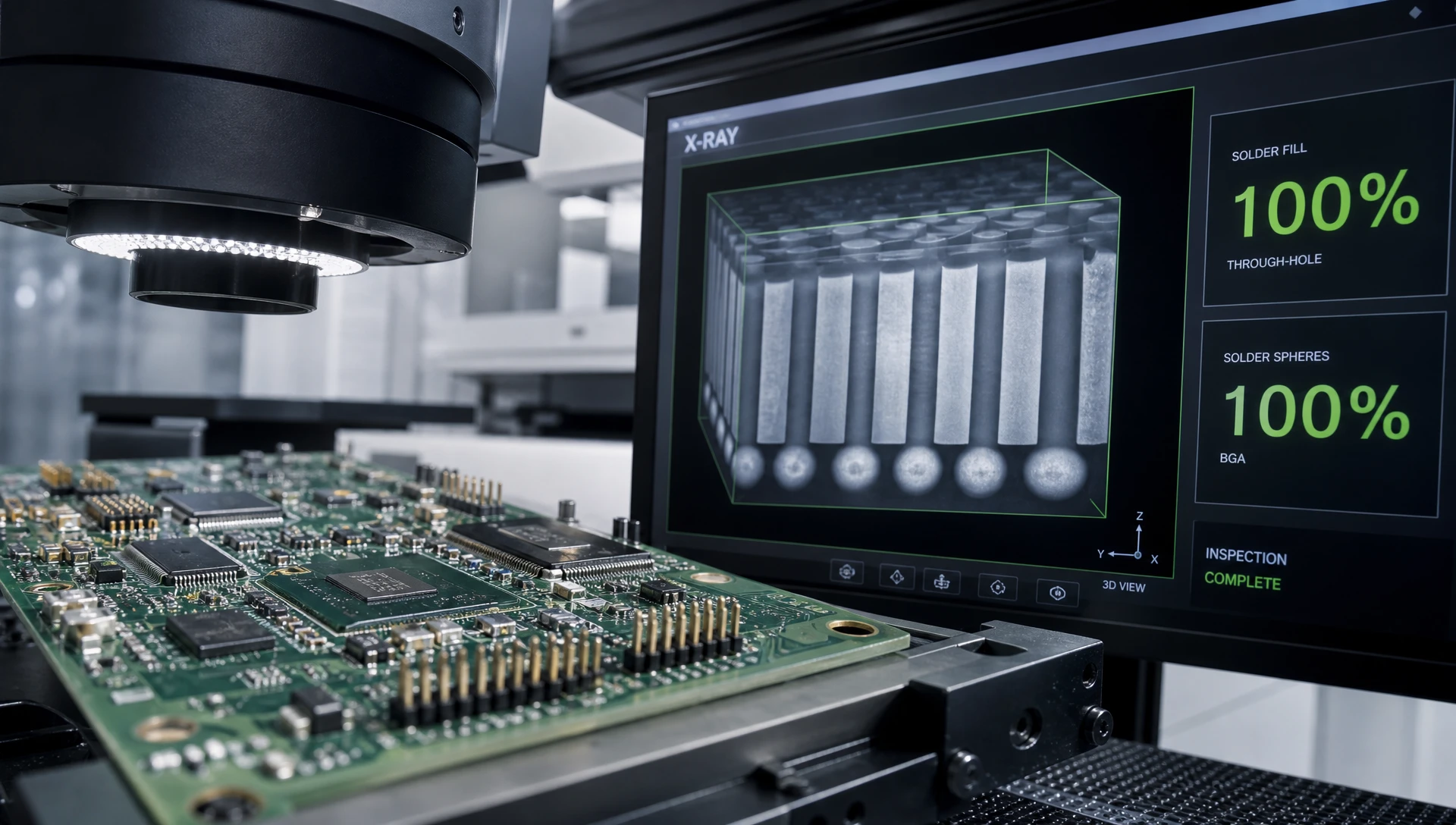 3D AXI x-ray inspection analyzing PTH barrel fill and BGA solder joints for IPC Class 3 mixed pcb production