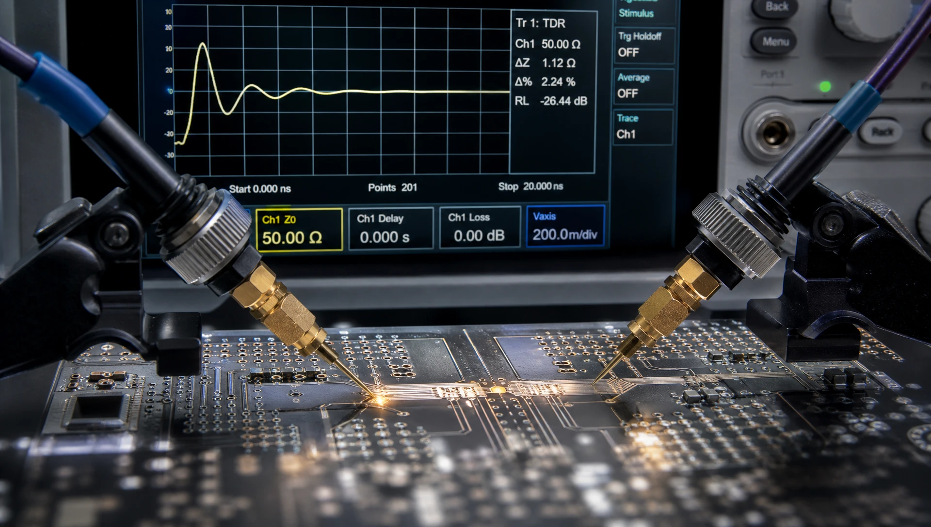 High bandwidth TDR impedance probe testing coupon on high frequency pcb board High bandwidth TDR impedance probe testing coupon on high frequency pcb board