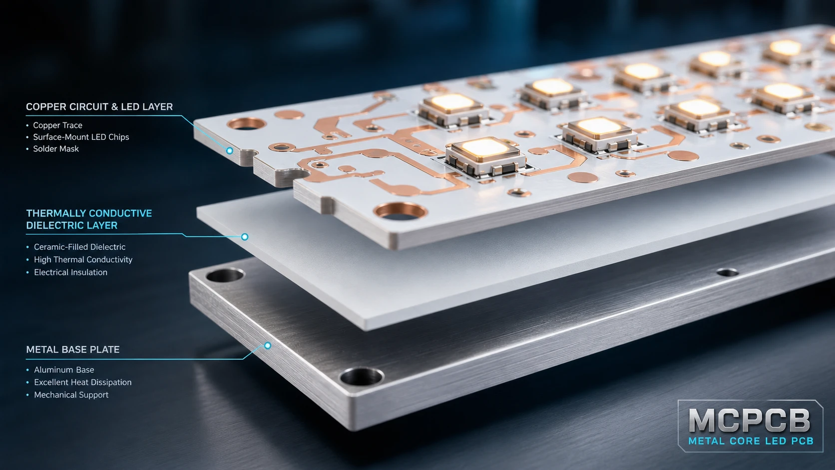 Aluminum Metal Core PCB (MCPCB) layer structure with high thermal conductivity dielectric layer for industrial LED lighting Aluminum Metal Core PCB (MCPCB) layer structure with high thermal conductivity dielectric layer for industrial LED lighting