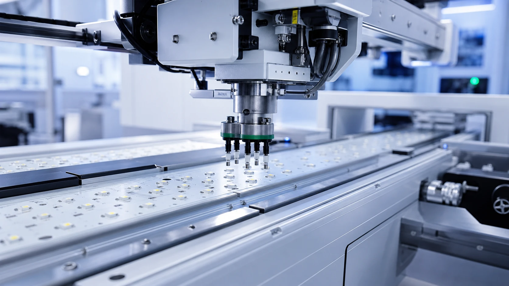 High-speed automated SMT assembly line placing SMD LED components on metal core PCBs in an ISO cleanroom facility High-speed automated SMT assembly line placing SMD LED components on metal core PCBs in an ISO cleanroom facility