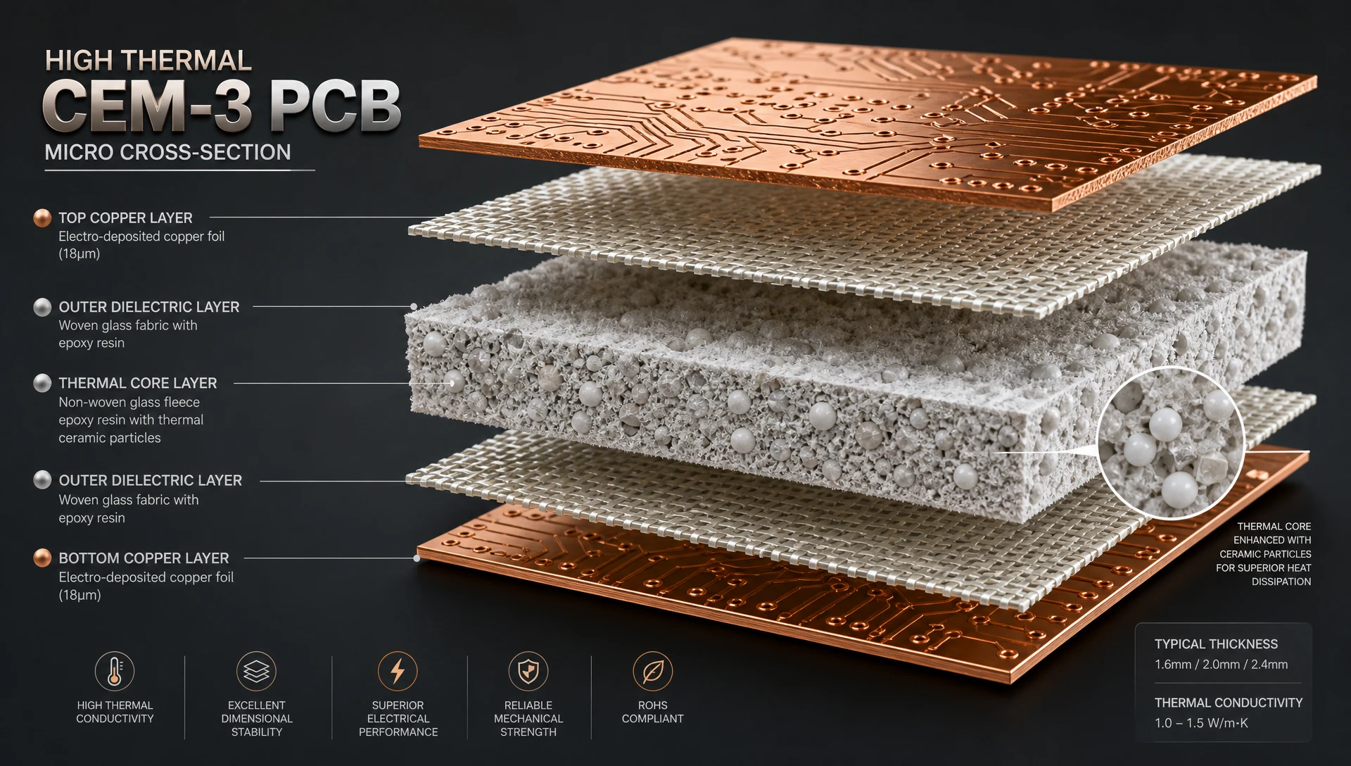 Cross-section layer stackup of high thermal CEM-3 PCB substrate with ceramic-filled epoxy core and woven glass fabric Cross-section layer stackup of high thermal CEM-3 PCB substrate with ceramic-filled epoxy core and woven glass fabric