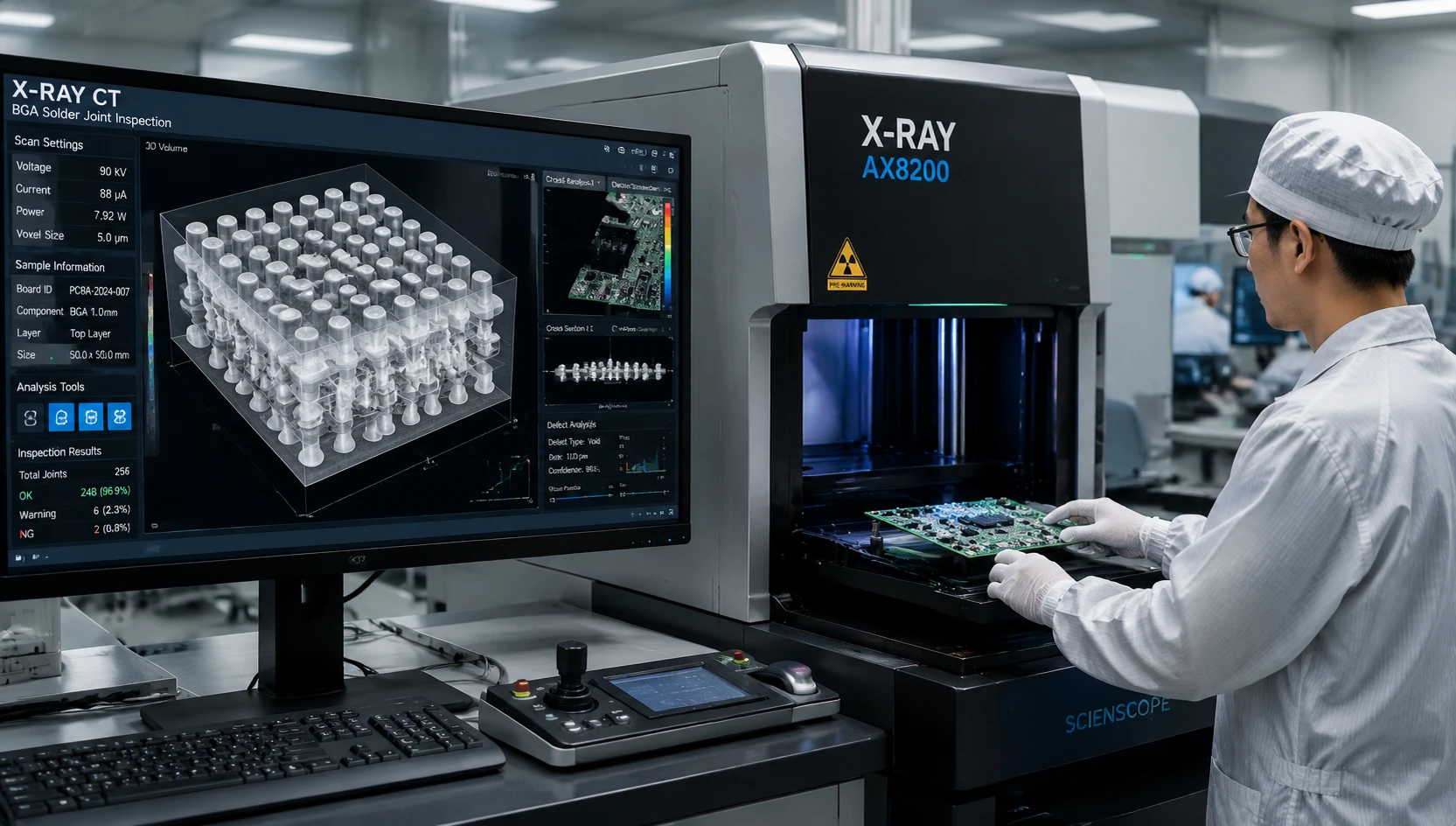 3D X-ray inspection AXI system verifying solder joint integrity and BGA voiding on high-reliability circuit board assembly 3D X-ray inspection AXI system verifying solder joint integrity and BGA voiding on high-reliability circuit board assembly